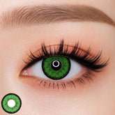 EOS Dolly Eye Green colored contact lens worn on eye â vivid green tone, FDA 510(k) cleared