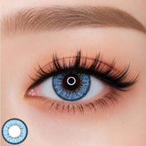 EOS New Adult Blue colored contact lens worn on eye — Vivid Blue tone, FDA 510(k) cleared