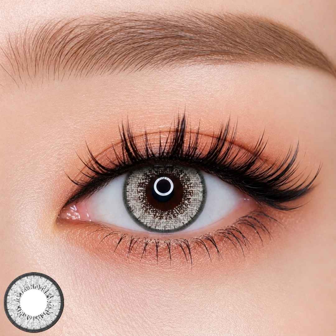 EOS New Adult Gray colored contact lens worn on eye — bold gray tone, FDA 510(k) cleared