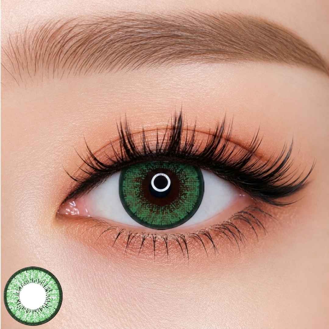 EOS New Adult Green colored contact lens worn on eye — Vivid Green tone, FDA 510(k) cleared