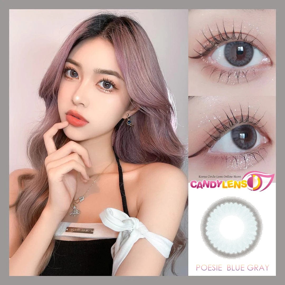 EOS Poesie Blue Gray colored contacts close-up on eye