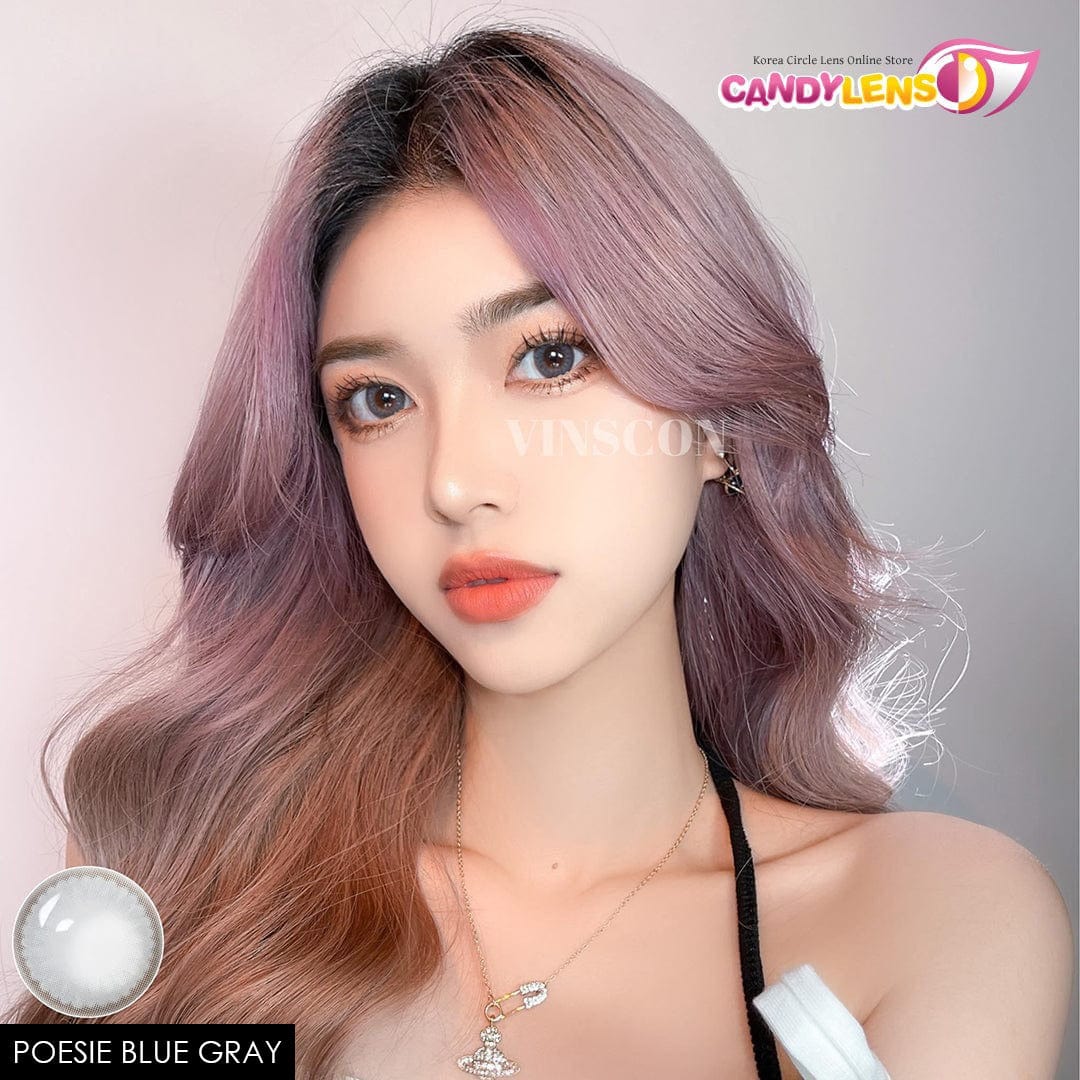 Eyes wearing EOS Poesie Blue Gray contacts for a soft blue-gray look