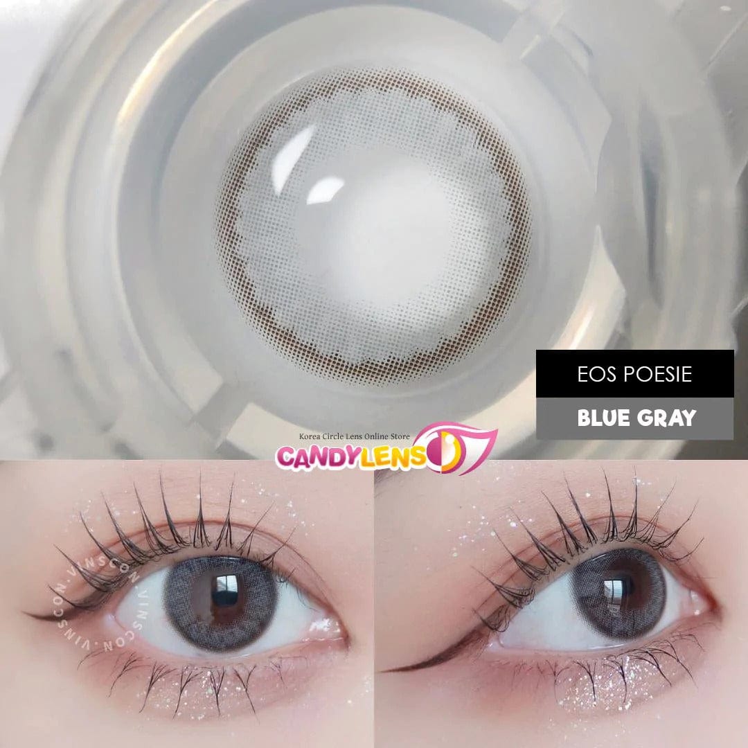 Close-up eye view with EOS Poesie Blue Gray contact lenses