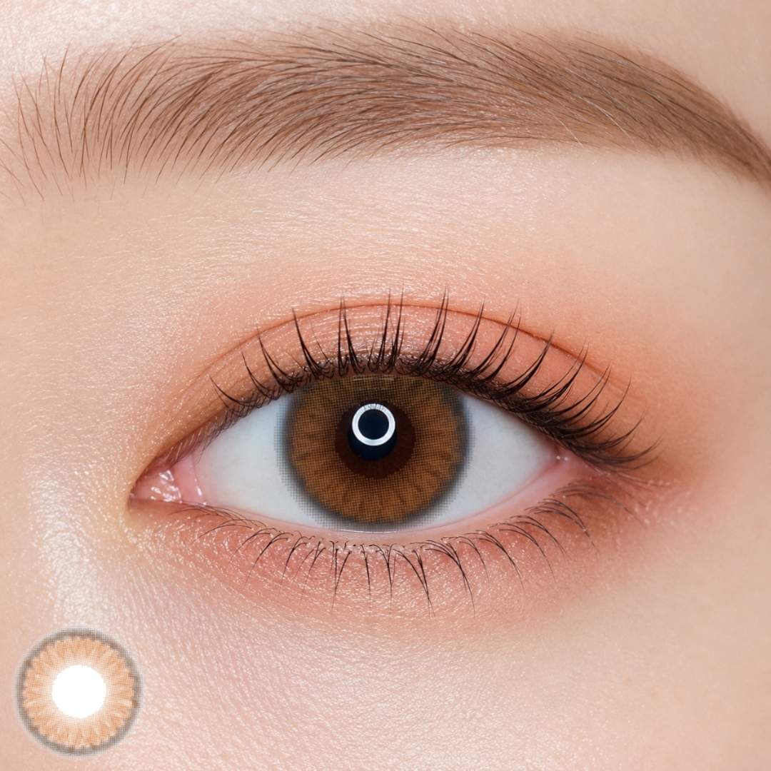 EOS poesie cacao colored contact lens worn on eye — natural brown tone, FDA 510(k) cleared
