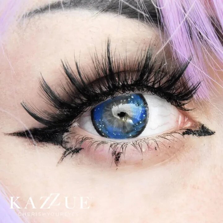 kazzue galaxy blue colored contact lens close-up