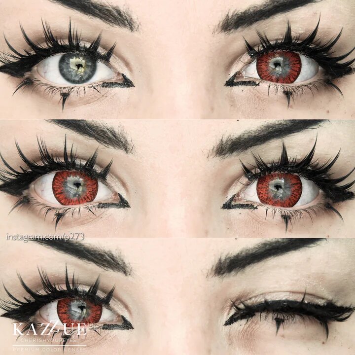 kazzue poppy red colored contact lens closeup