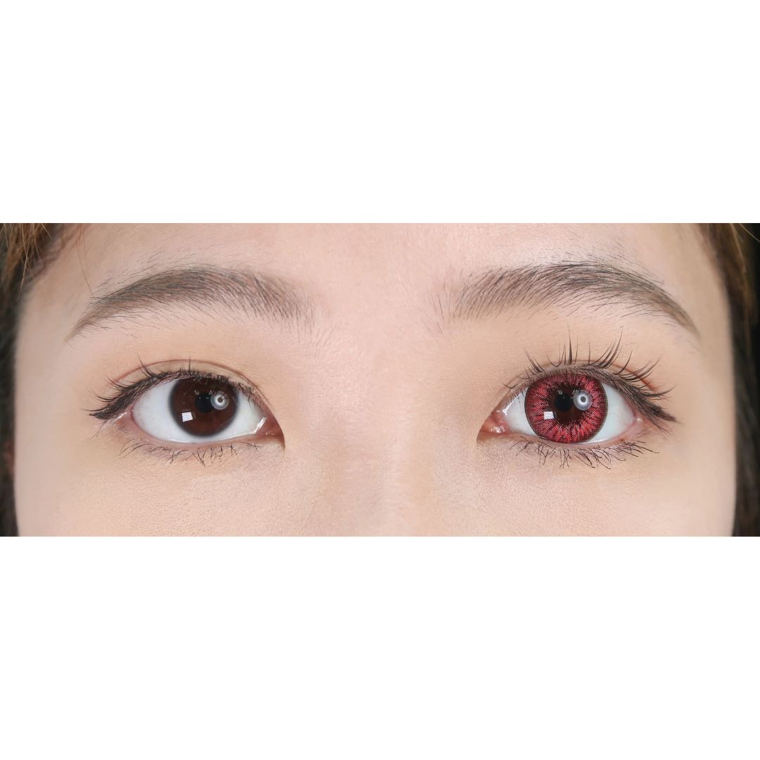 kazzue premier pinkish red colored contact lens closeup