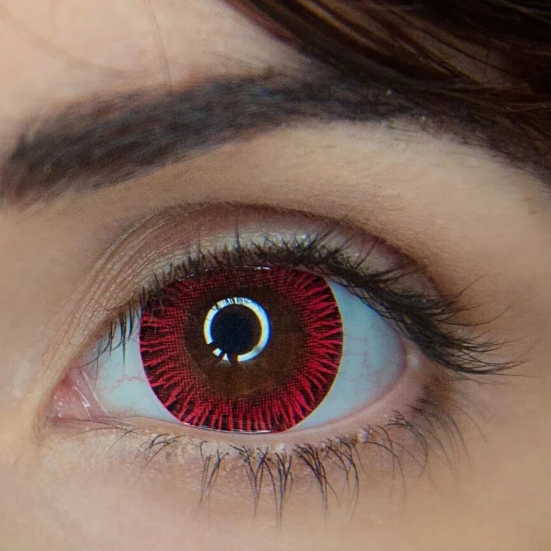 kazzue real fairy red colored contact lens closeup