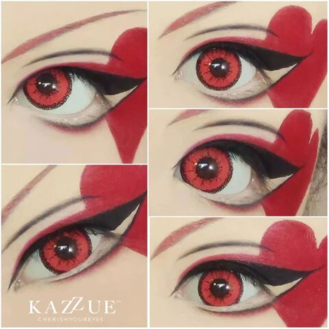 kazzue vivid brilliant red colored contact lens closeup