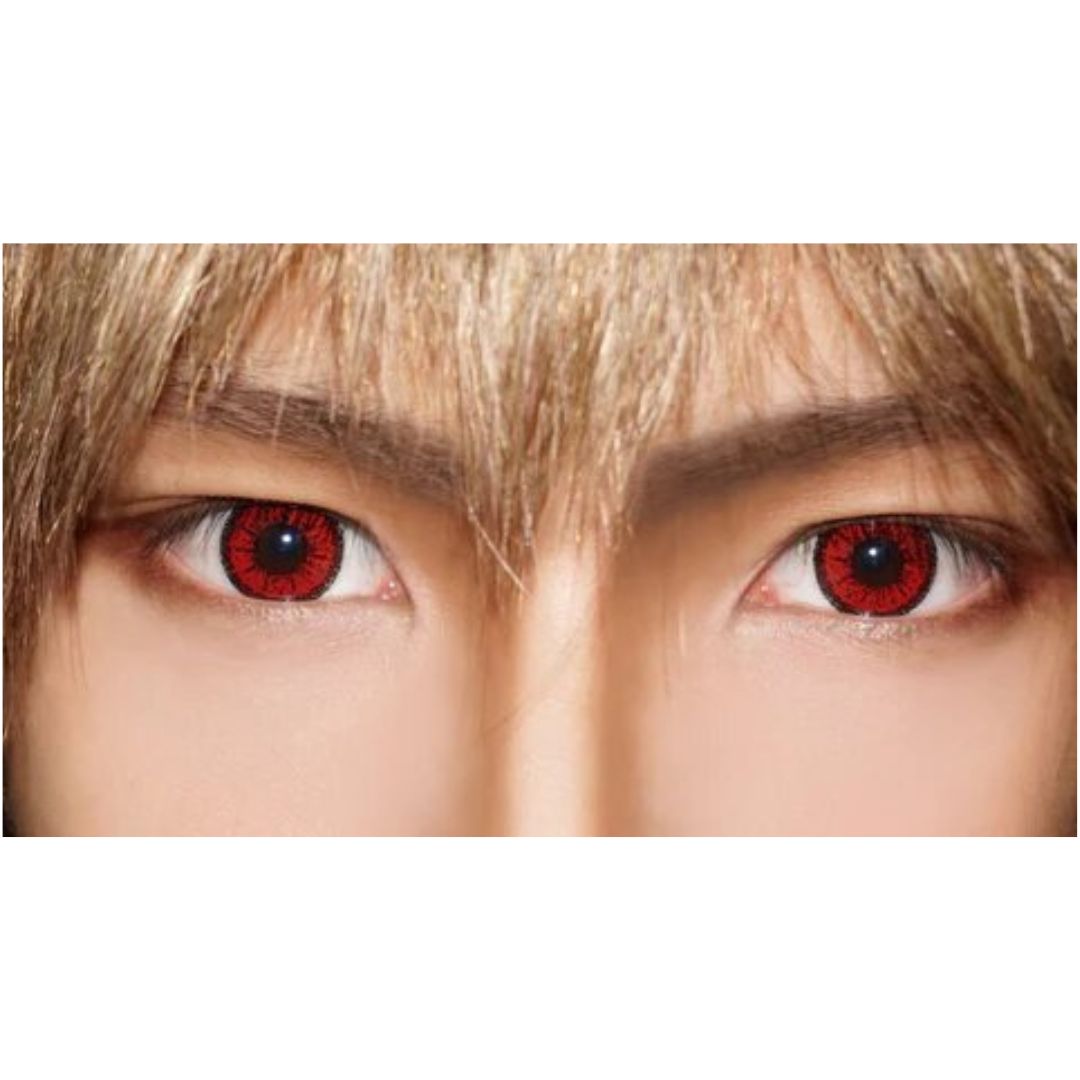 kazzue vivid brilliant red colored contact lens closeup