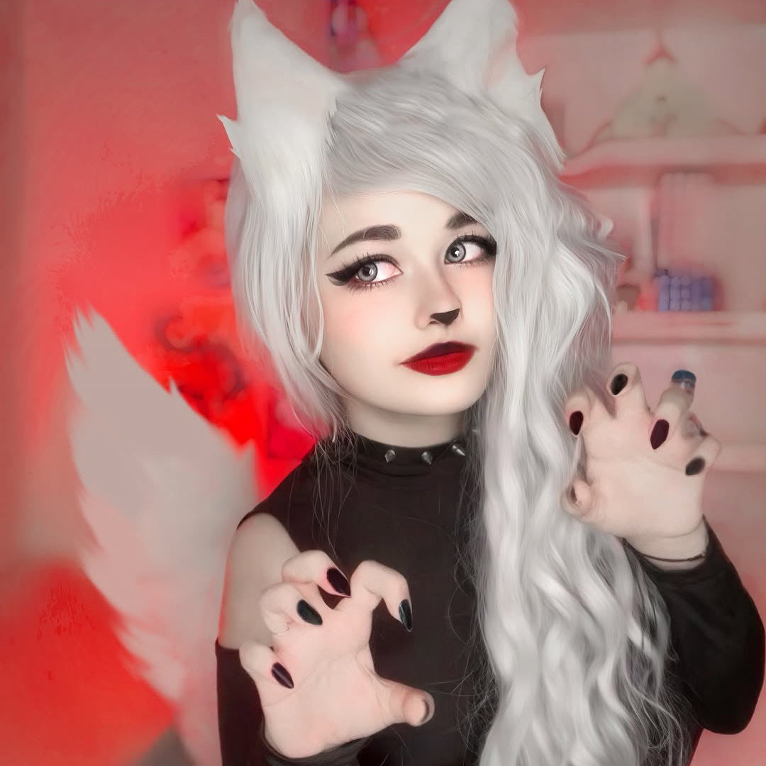 Person with white hair and animal-themed accessories posing against a blurred indoor background