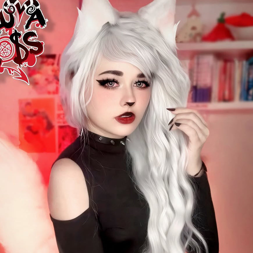 Person with cat ears and long white hair posing in front of a blurred background with 'Hello Boss' branding.