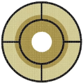 A pair of cosplay contact lenses with a character's eye design from My Hero Academia, featuring a golden circle with black outlines.