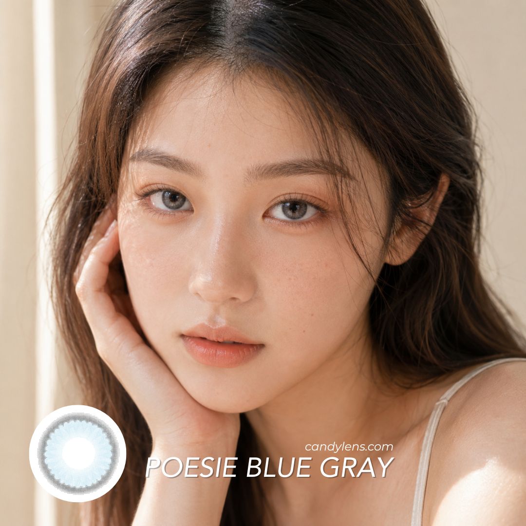 Eyes wearing EOS Poesie Blue Gray colored contact lenses