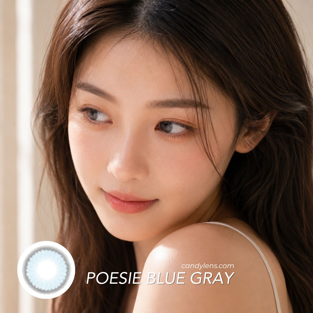 EOS Poesie Blue Gray colored contacts showing a blue-gray eye color
