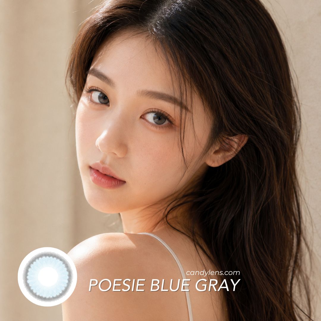 Close-up eyes wearing EOS Poesie Blue Gray contact lenses