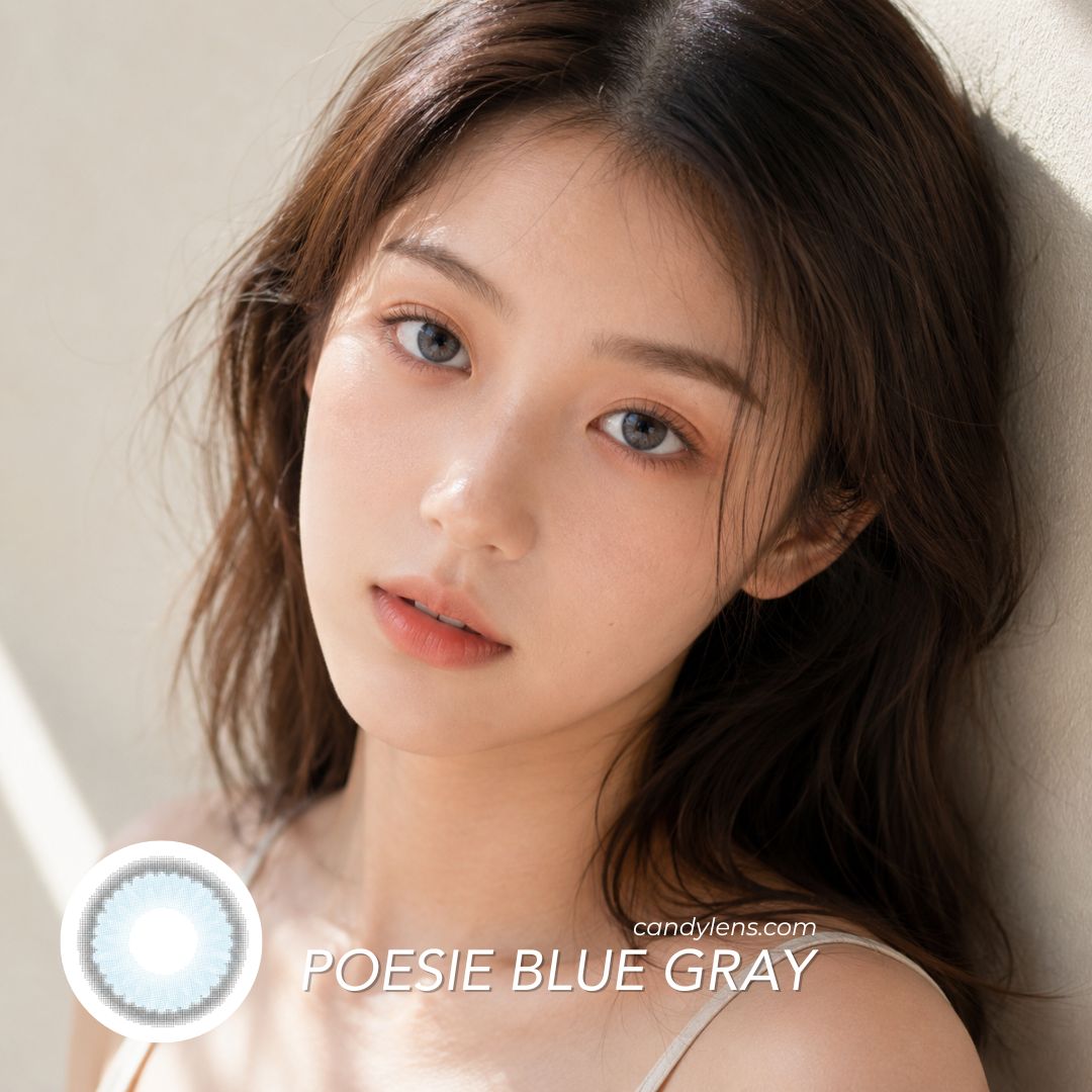 EOS Poesie Blue Gray contacts showing a soft blue-gray eye look