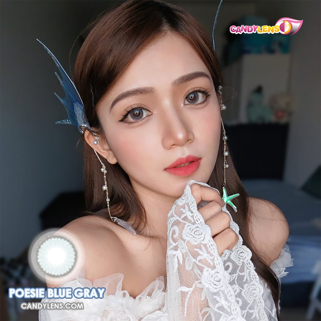 Close-up eye wearing EOS Poesie Blue Gray colored contact lens