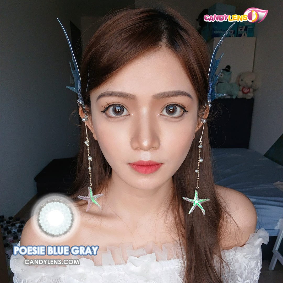EOS Poesie Blue Gray colored contacts worn on eyes