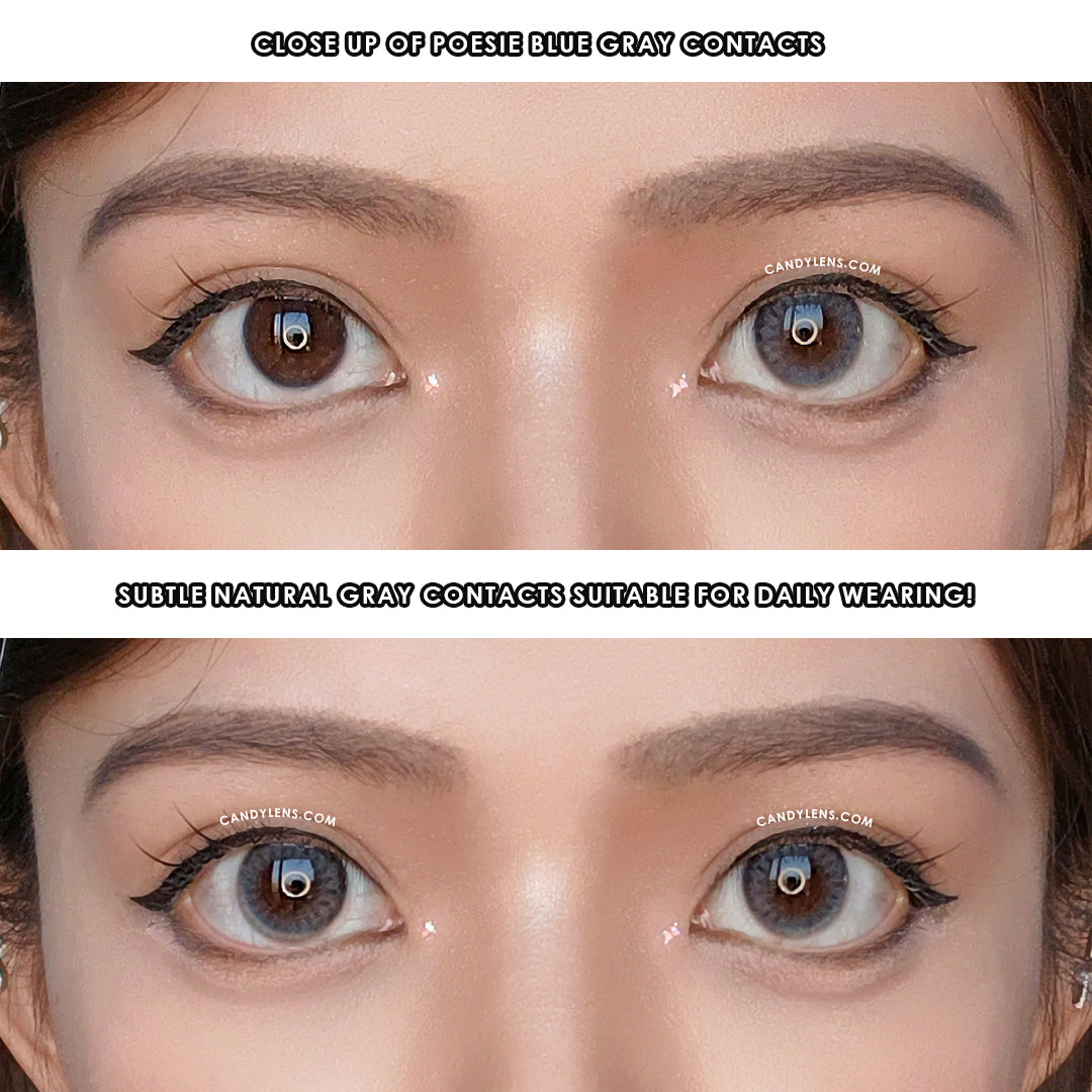 Close-up of EOS Poesie Blue Gray colored contact lens on eye