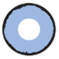 A contact lens with a blue design, resembling a zombie line, with a stylized edge.