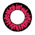 A red pink contact lens with flame-like patterns, designed for cosplay or themed events.