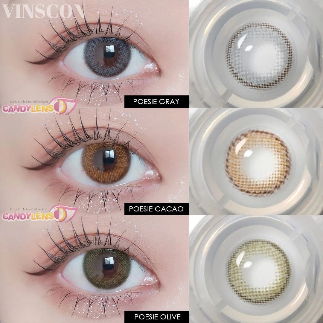 EOS Poesie Blue Gray, Cacao and Olive contact lens color comparison