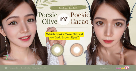 EOS Poesie Olive and Poesie Cacao comparison on dark brown eyes