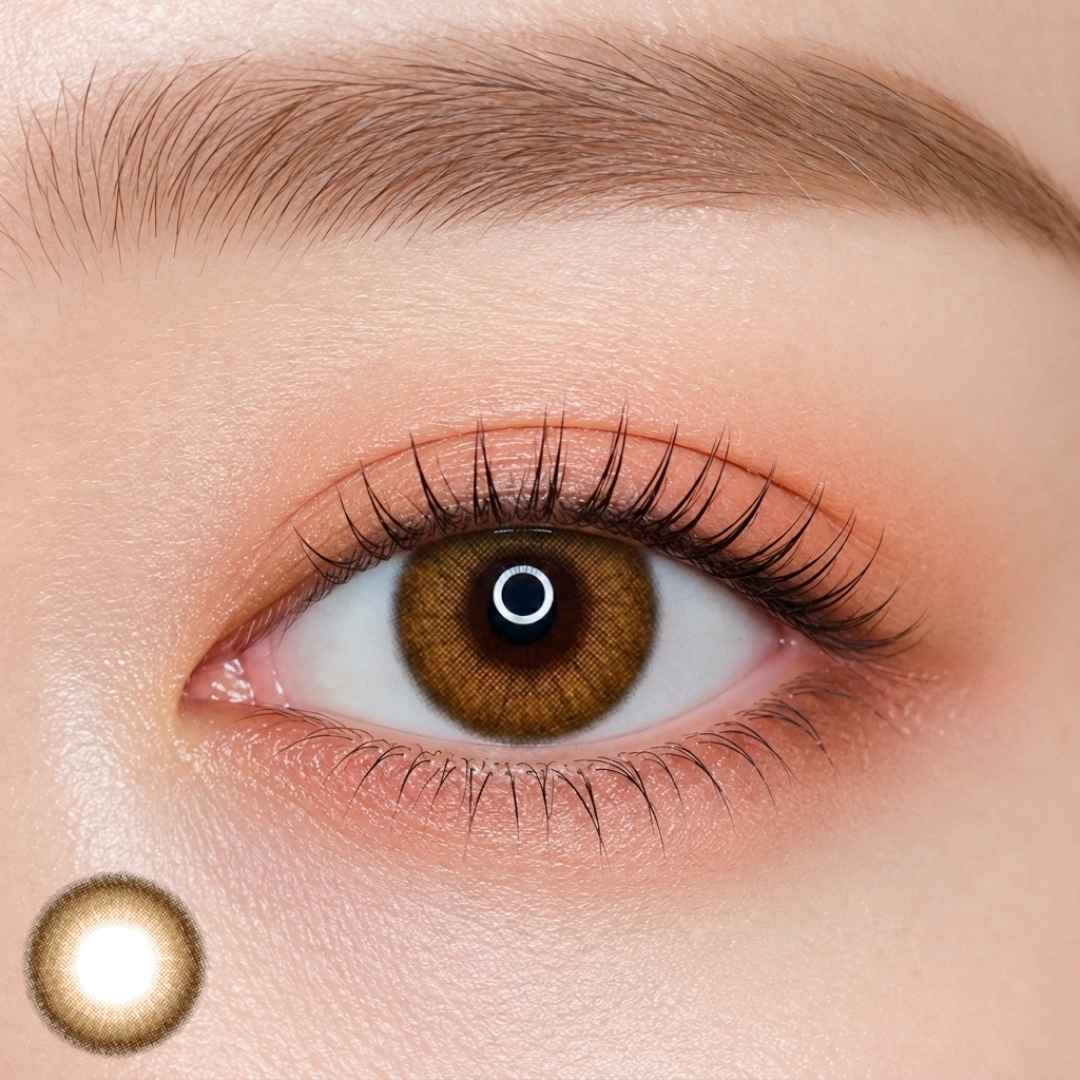 EOS Coco Brown colored contact lens worn on eye — natural brown tone, FDA 510(k) cleared