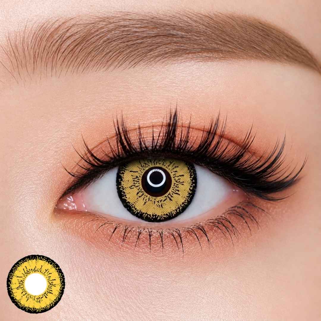 EOS dolly eye Brown colored contact lens worn on eye — bold yellow brown tone, FDA 510(k) cleared