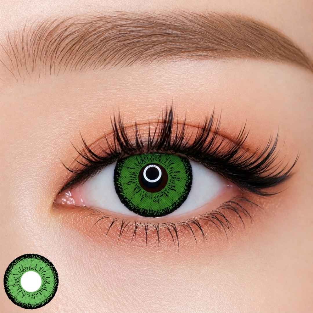 EOS Dolly Eye Green colored contact lens worn on eye — vivid green tone, FDA 510(k) cleared