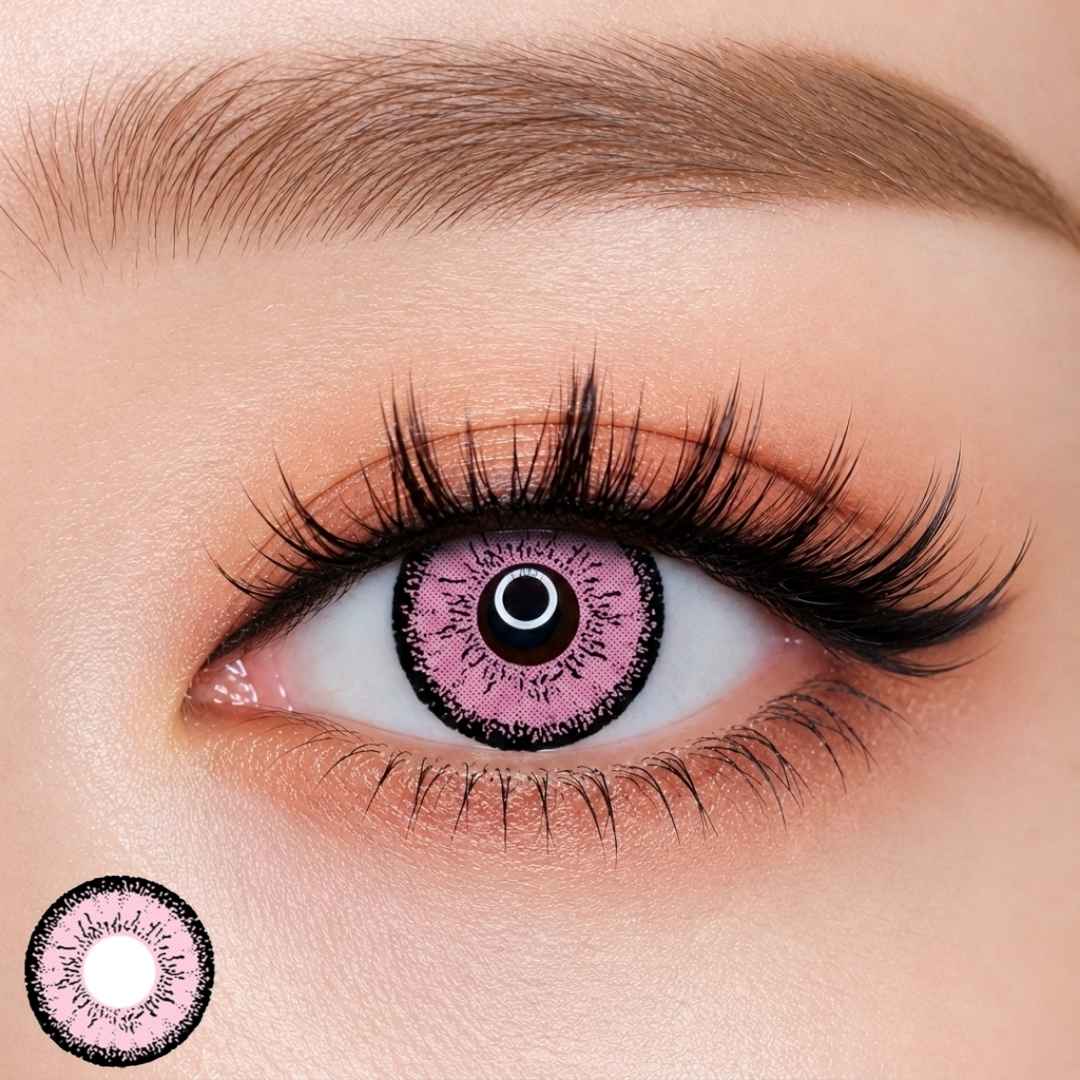 EOS Dolly Eye Pink colored contact lens worn on eye — Bold Pink tone, FDA 510(k) cleared