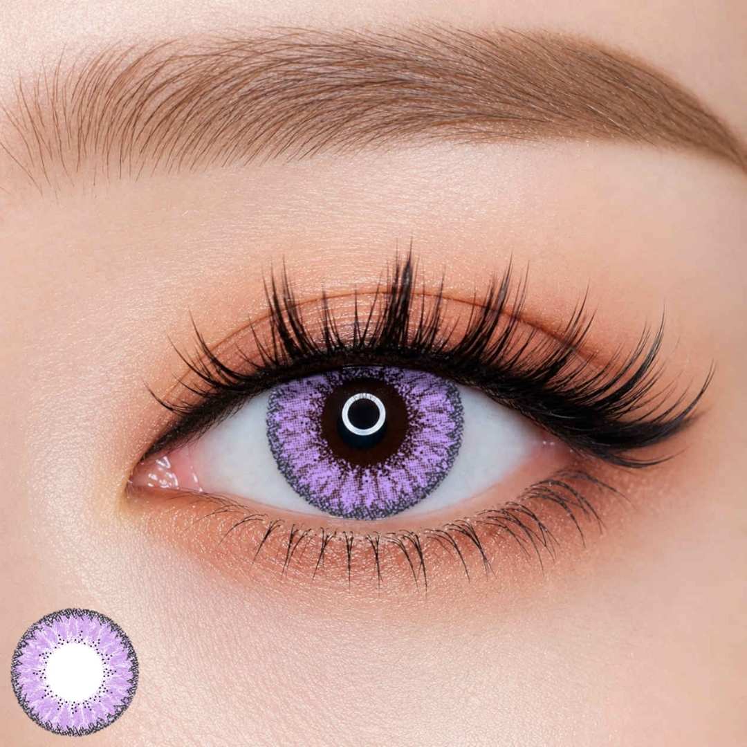 EOS Fairy Violet colored contact lens worn on eye — natural  purple tone, FDA 510(k) cleared