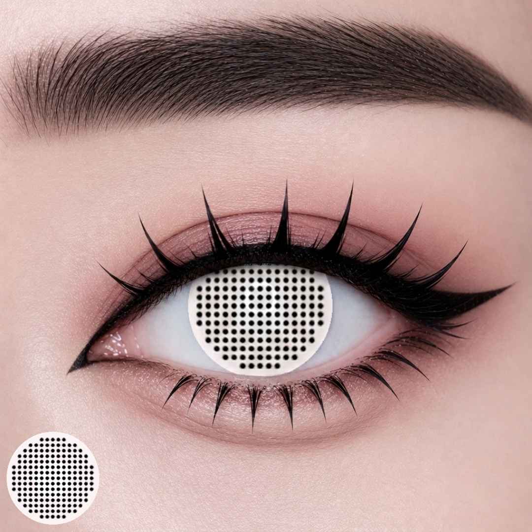 EOS White Screen colored contact lens worn on eye — Prescription Halloween Contacts, FDA 510(k) cleared